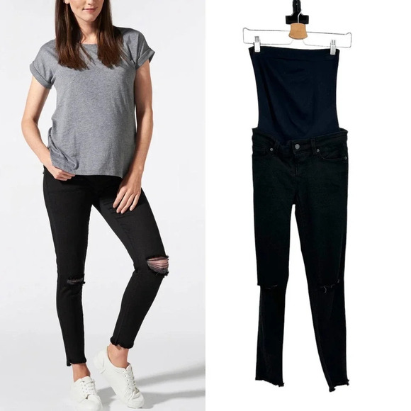 Blanqi Denim‎ Maternity Belly Support Skinny Jeans Black Knee Slit Wash Size 2 - Picture 1 of 9